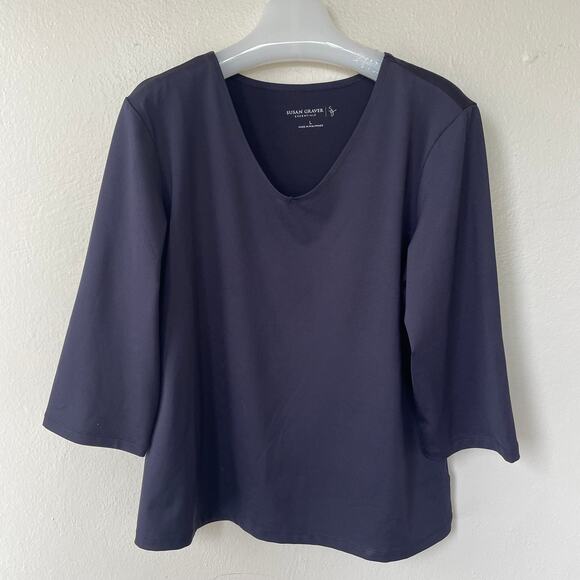 Susan Graver Size L V Neck navy blue blouse - Picture 6 of 10
